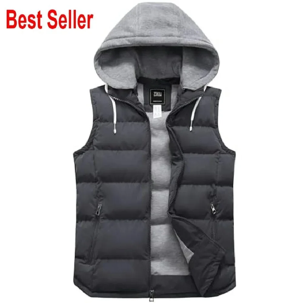 Men's Puffer Vest Removable Hood Classic Outdoor Winter Essential
